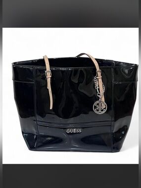 GUESS Large Black Patent Tote Bag Y2K Tan Straps Los Angeles Lining Logo Charm